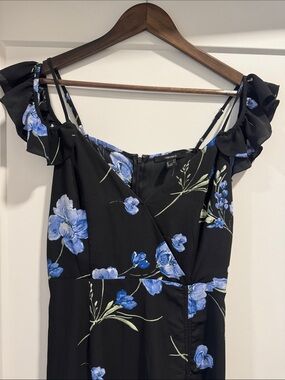 Off the Shoulder Floral Midi Dress w/ Blue Blooms & Adjustable Spaghetti Straps